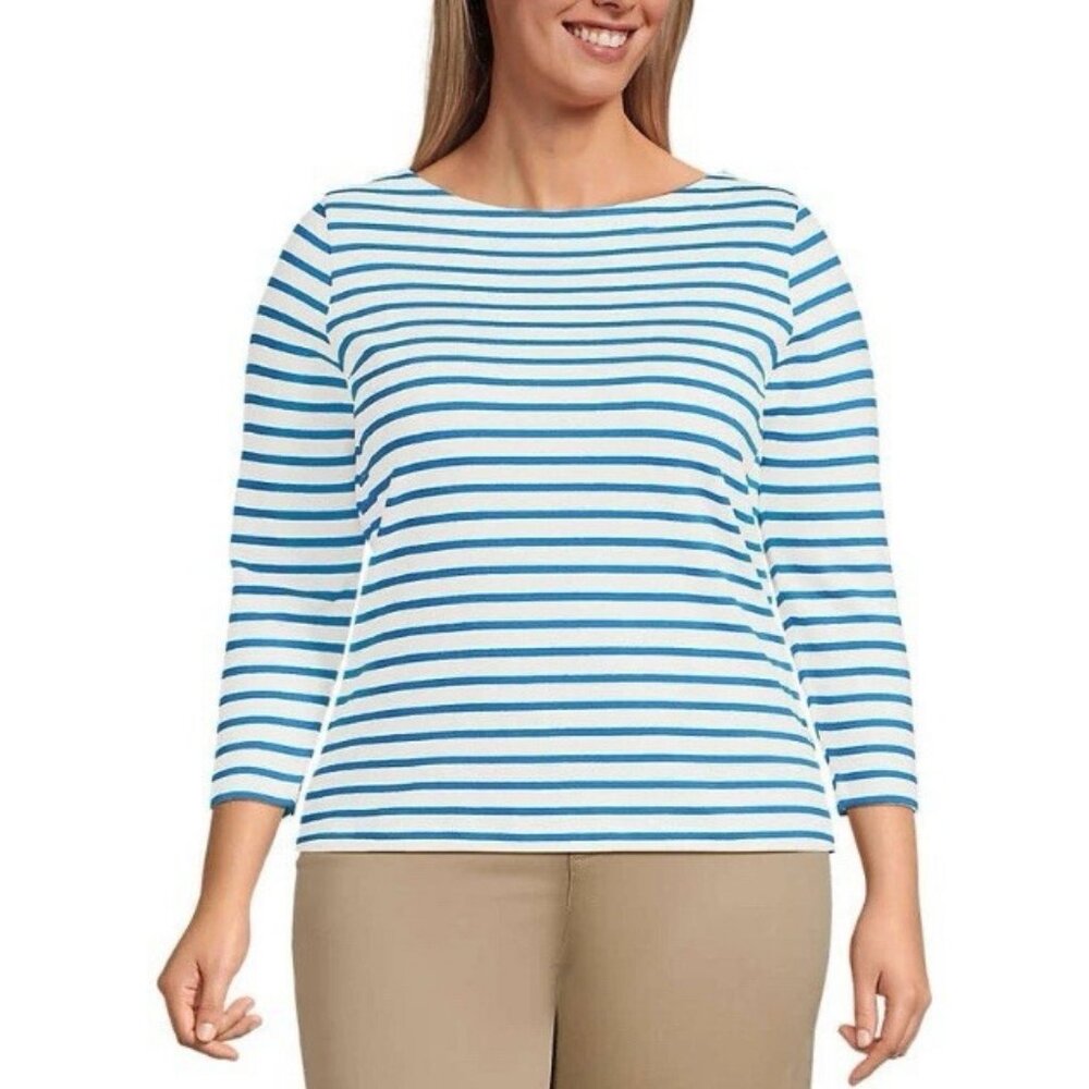 Lands' End Women's Mariner Jersey Boatneck Top, Blue, Large